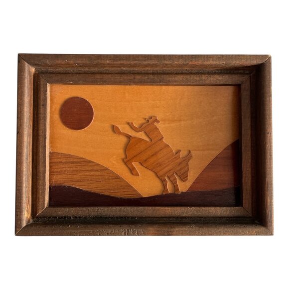 Vintage Handcrafted Wood Inlay Western Cowboy Wall Art 7x5 Rustic Framed Plaque - Picture 1 of 4